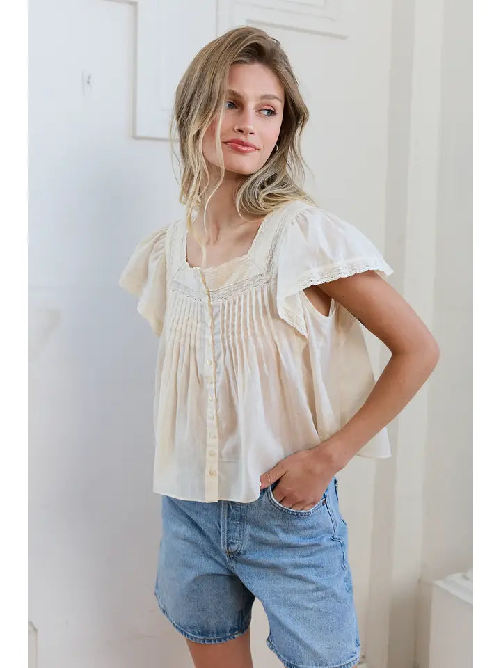 Lace Trim Pintuck Blouse - Ivory