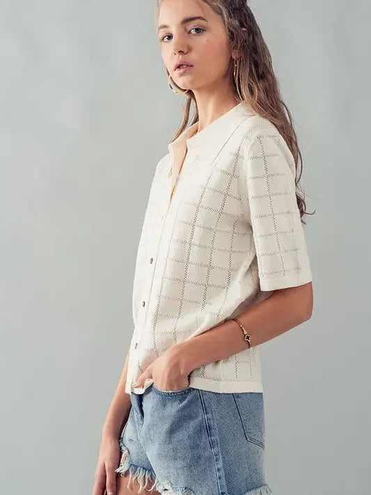 Checkered Knit Polo Shirt - Ivory