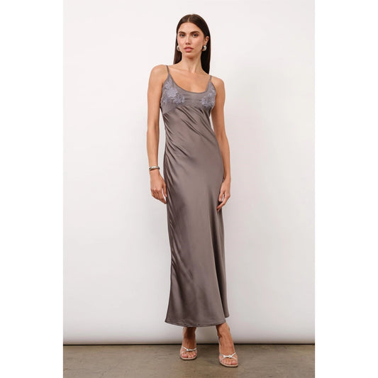 Zaria Embroidery Satin Maxi Dress - Charcoal