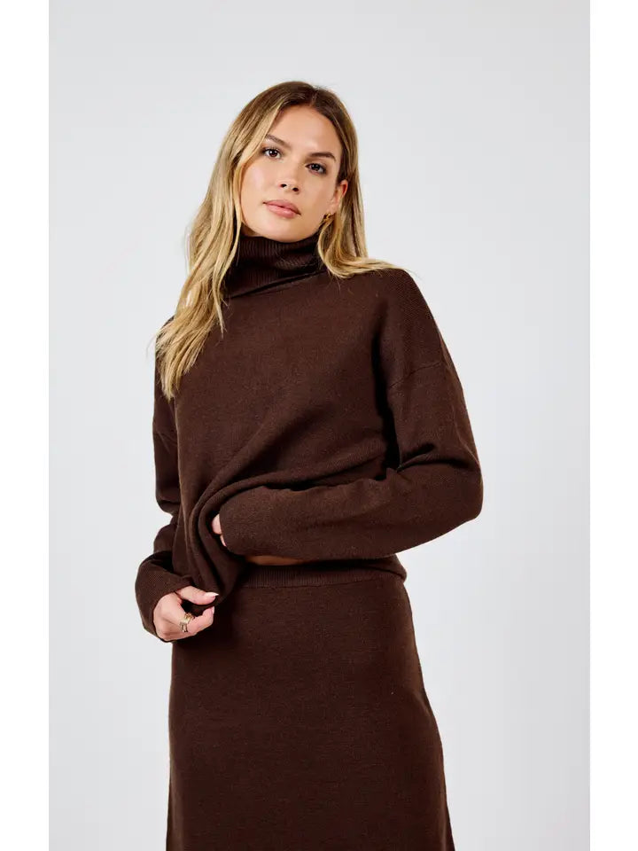 Night Air Turtleneck Sweater & Skirt Set - Chocolate