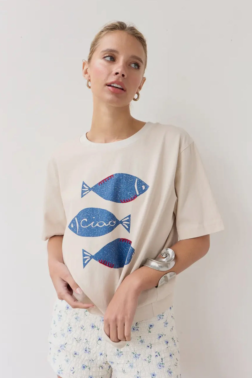 Fish Graphic Tee with Stitch - Dove