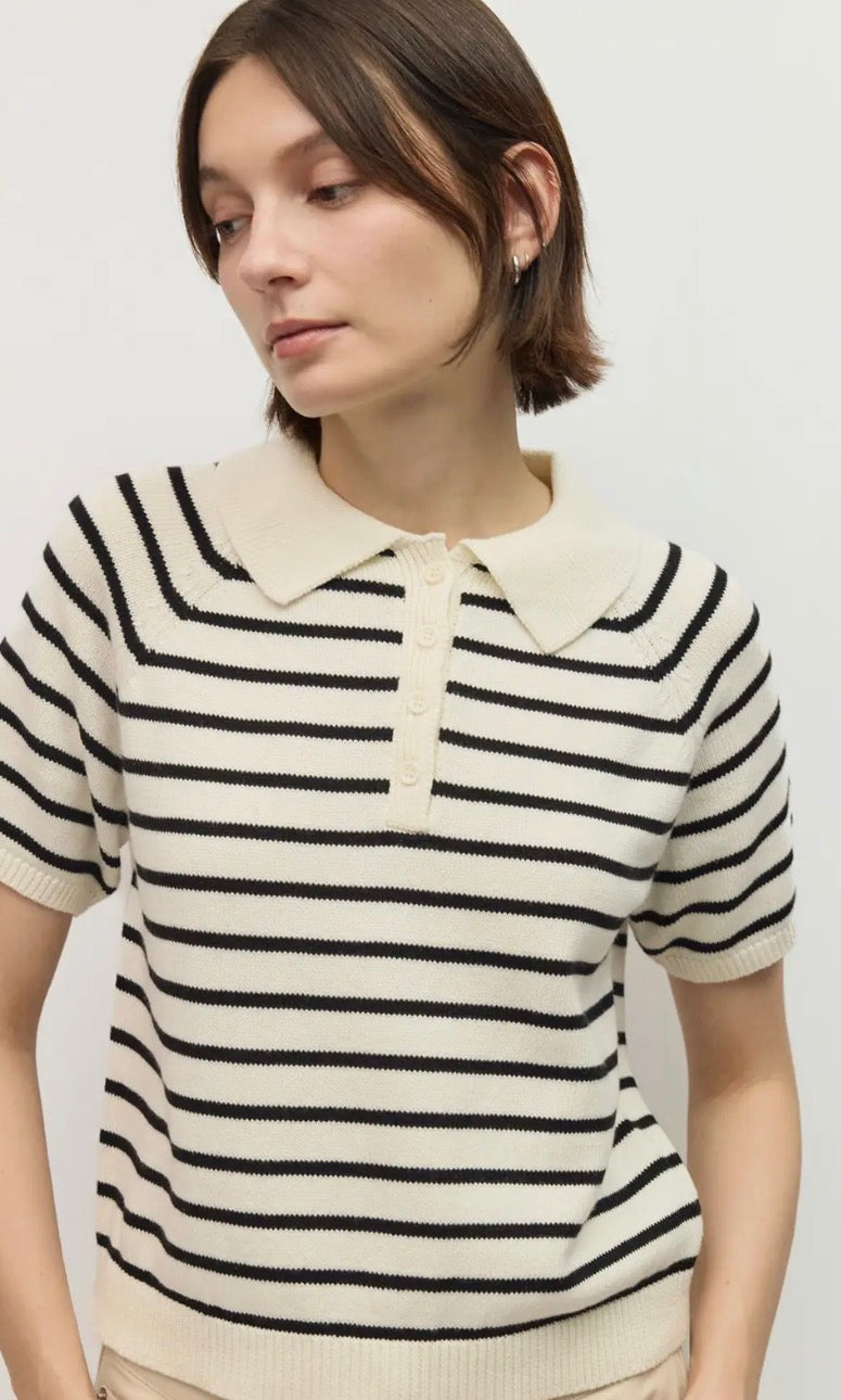 Short Sleeve Polo Sweater - Black & Cream Stripe