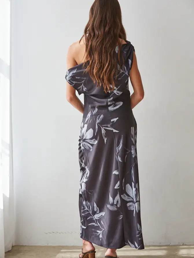 Woven Floral Print Cowl Neck Sleeveless Flare MIdi Dress - Black Grey