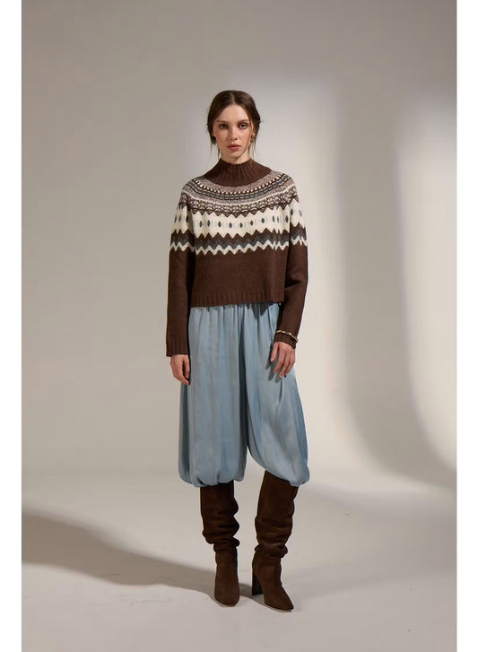 Cinnamon Turtleneck Sweater - Brown, Ecru & Grey