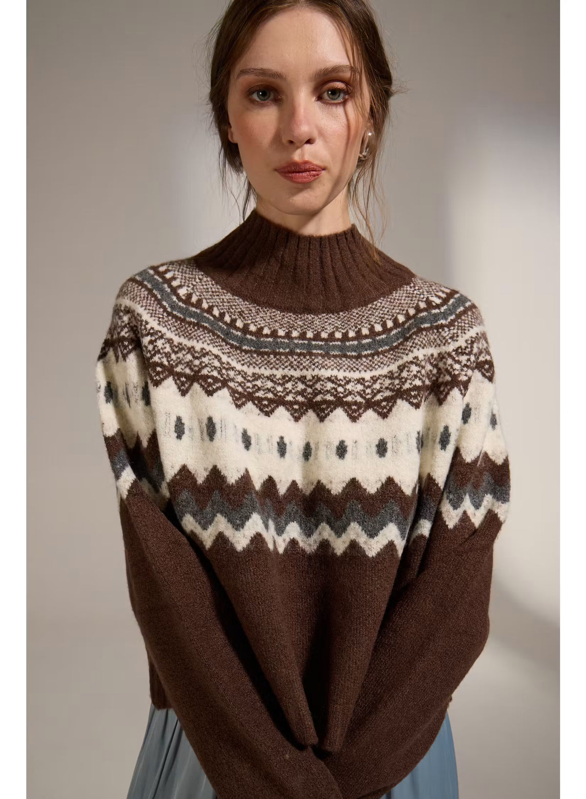 Cinnamon Turtleneck Sweater - Brown, Ecru & Grey