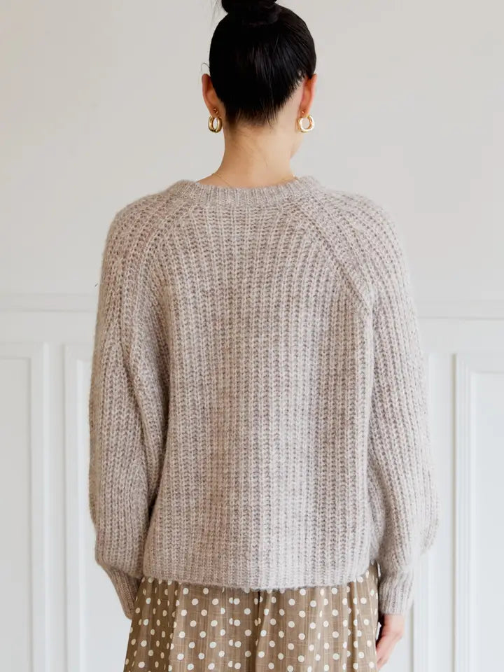 Round Neck Long Sleeve Button Up Cardigan - Heathered Gray
