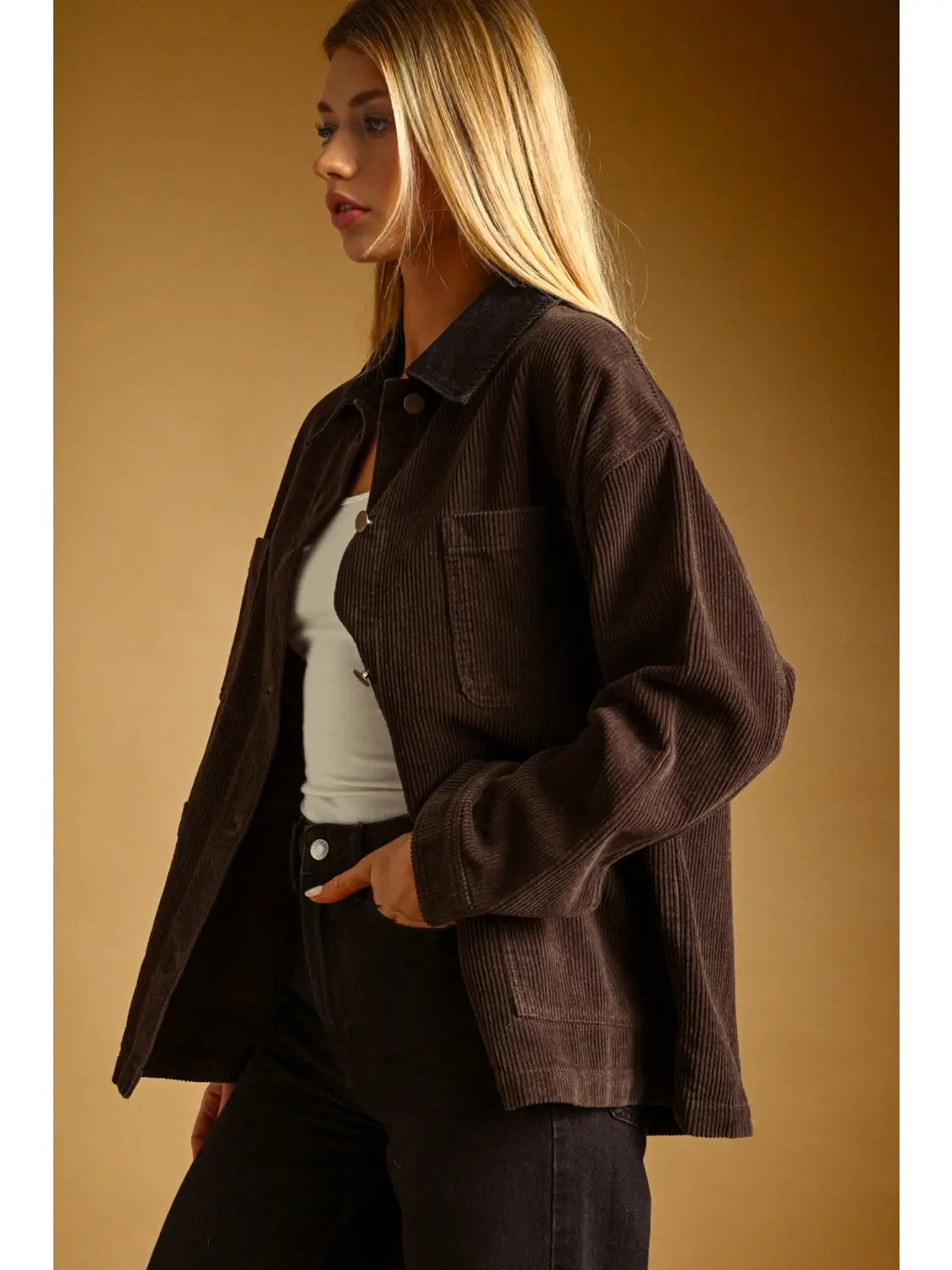 Corduroy Button Front Barn Jacket - Brown