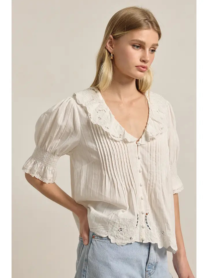 Embroidered Collar Button Blouse - Ivory