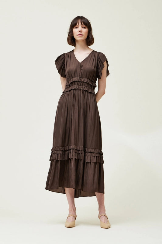 Grade + Gather - Ruffle Satin V-Neck Dress - Dark Roast