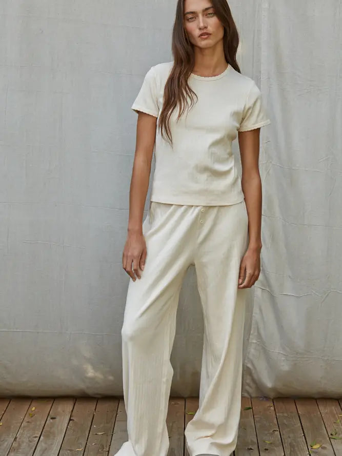 Knit Cotton Pointelle Short Sleeve Shirt - Cream