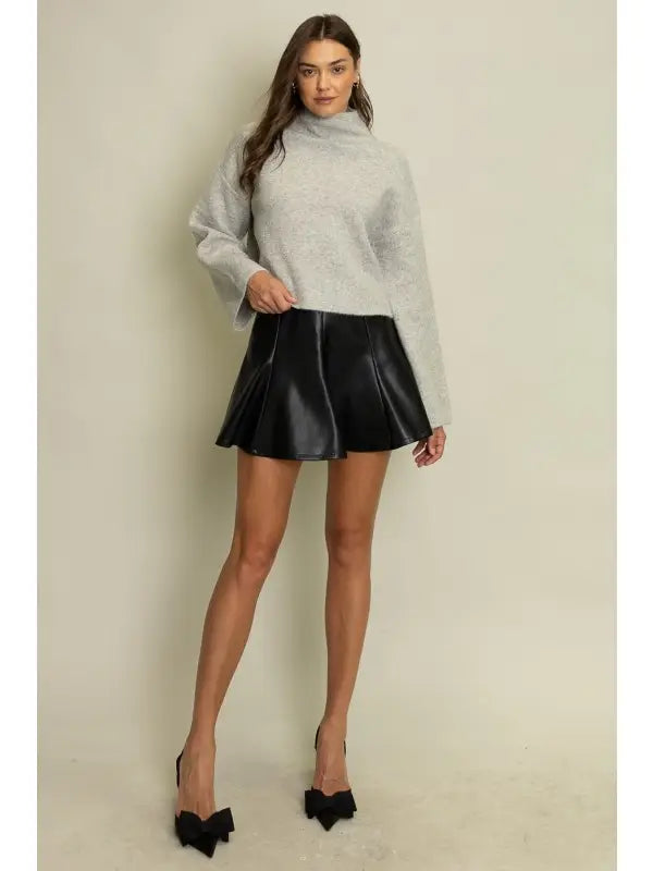 Mock Neck Sweater Crop Top - Melange Grey