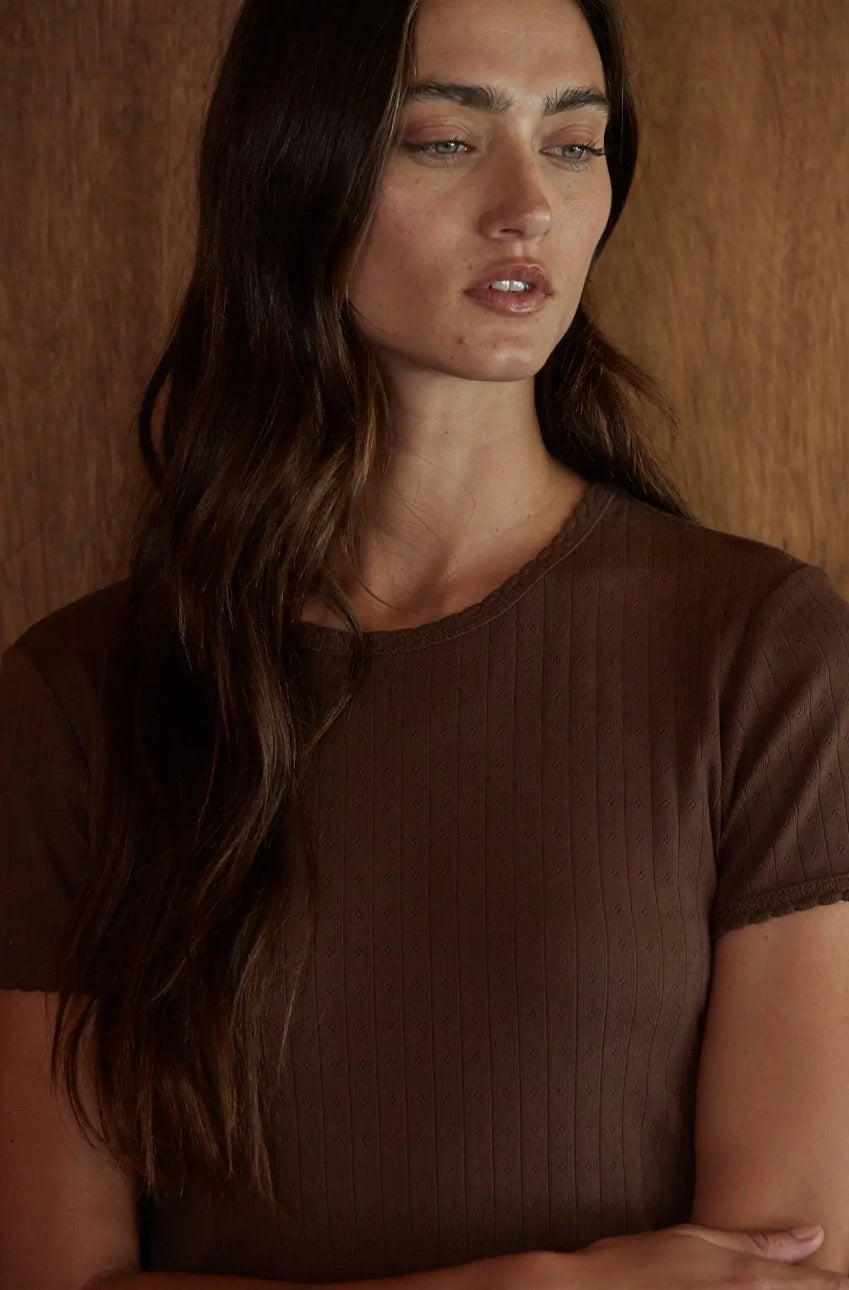 Knit Cotton Pointelle Short Sleeve Shirt - Brown