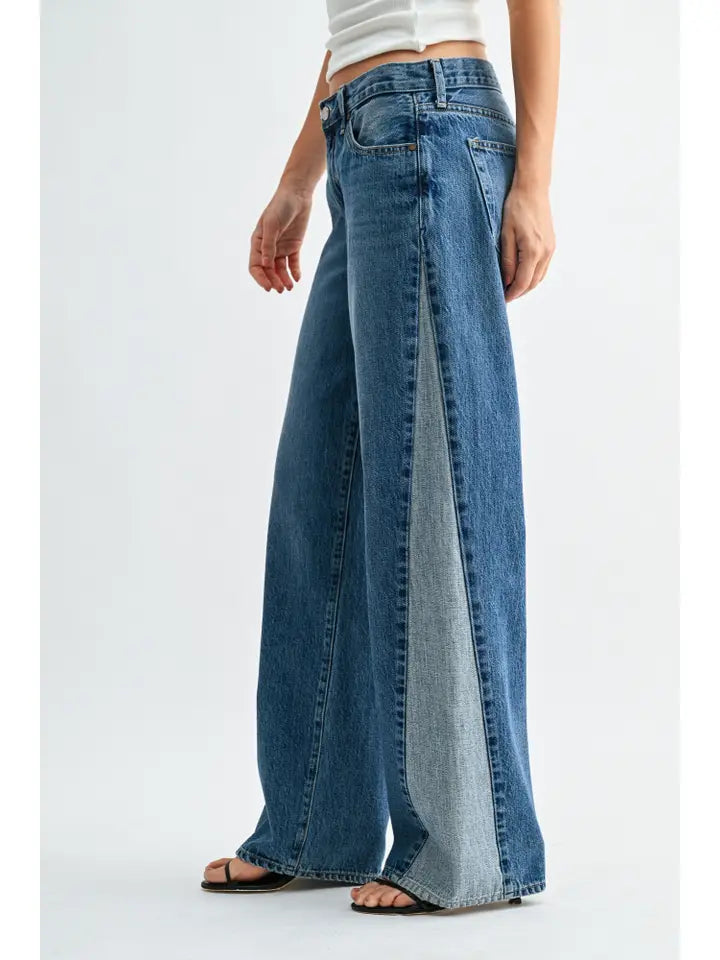 Contrast Angle Seam Wide Leg - Medium Denim