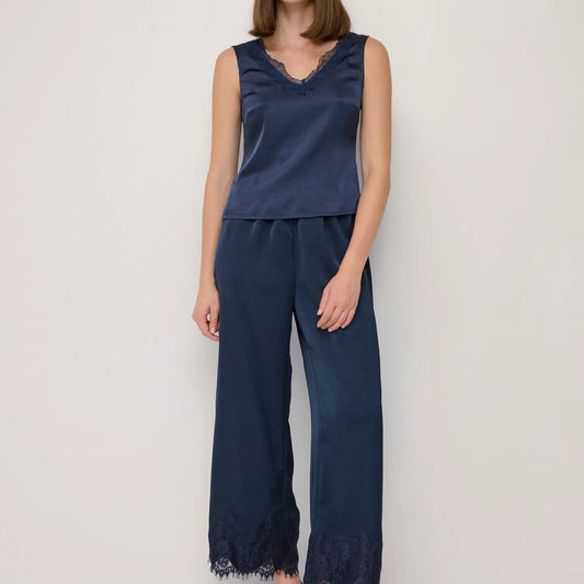 Elastic Wide Leg Satin Pant - Navy