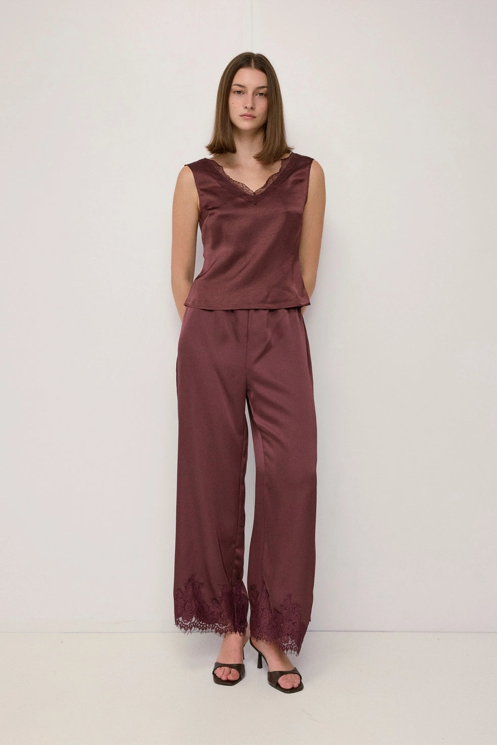 Satin V Neck with Lace Trim