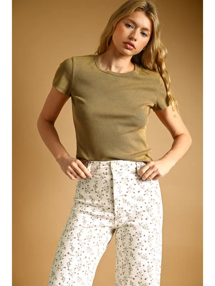 Round Neck Short Sleeve Top - Olive