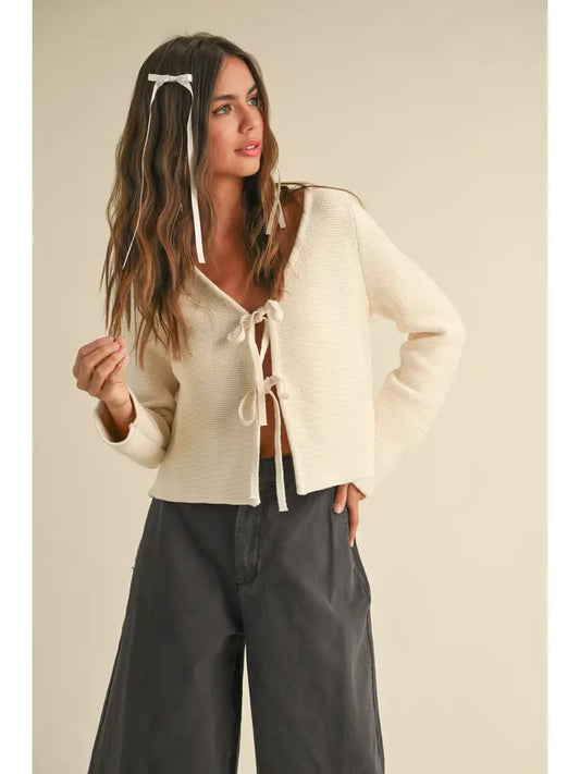 Long Sleeve Knitted Tie Front Cardigan - Cream