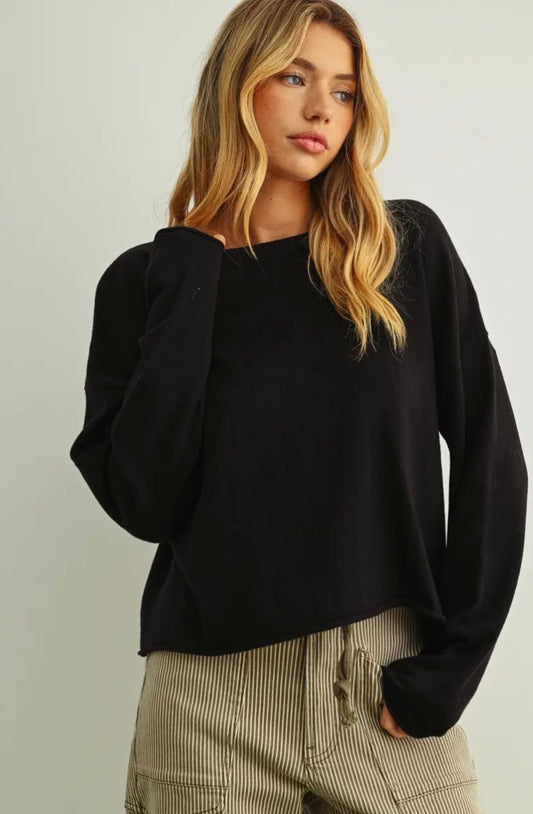 Essential Long Sleeve Roll Hem Top - Black