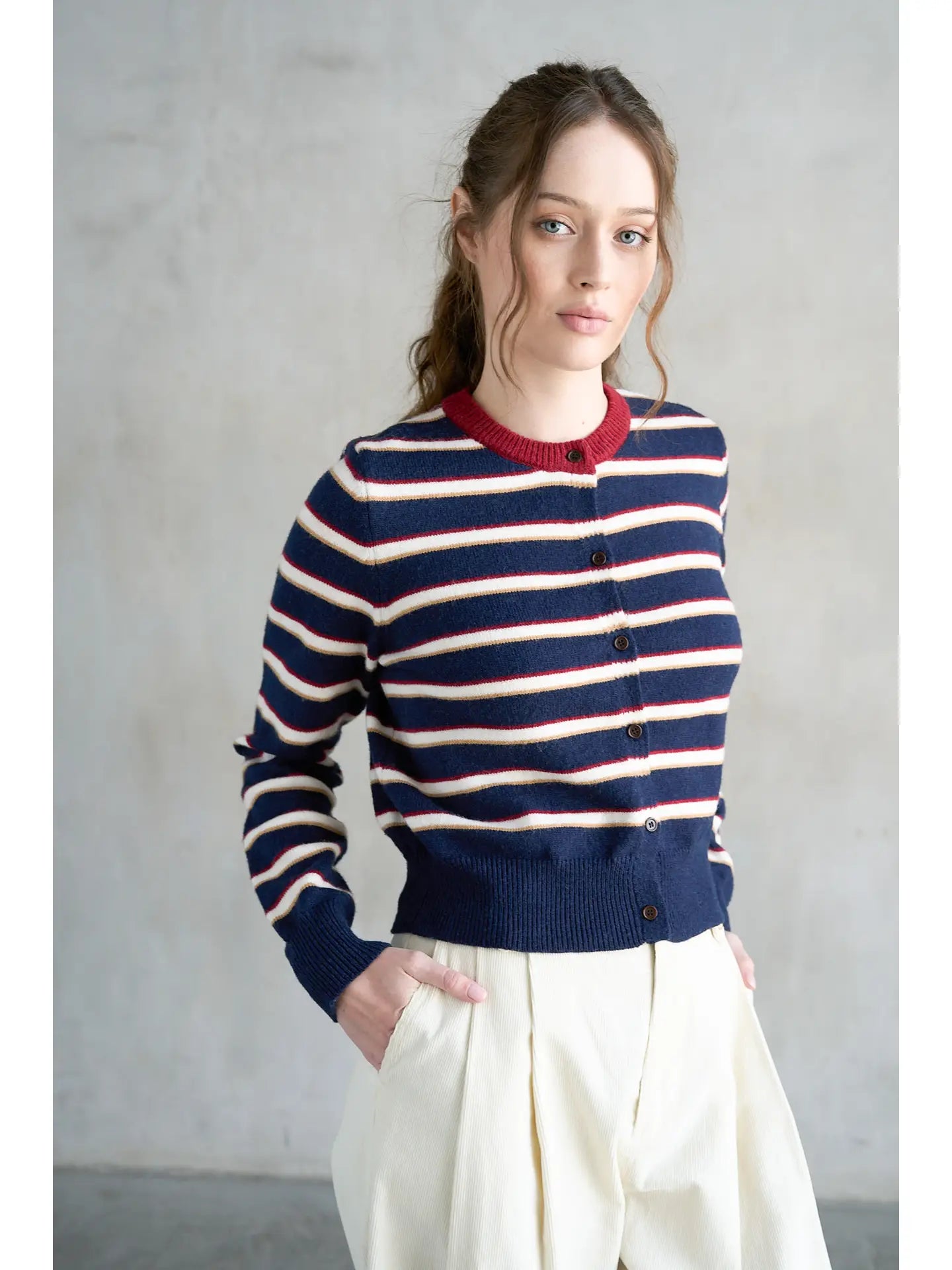 Striped Crew Neck Contrast Cardigan - Navy Stripe