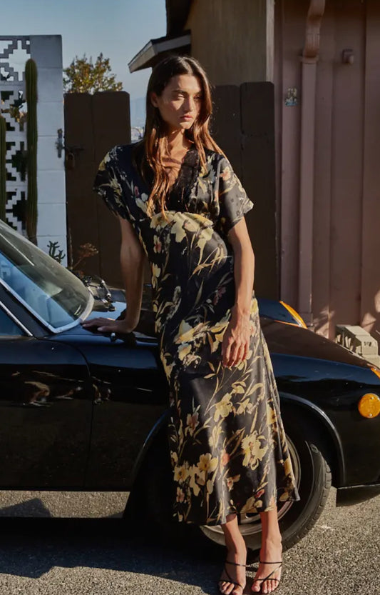 Lace Detail V-Neck Maxi - Black Floral