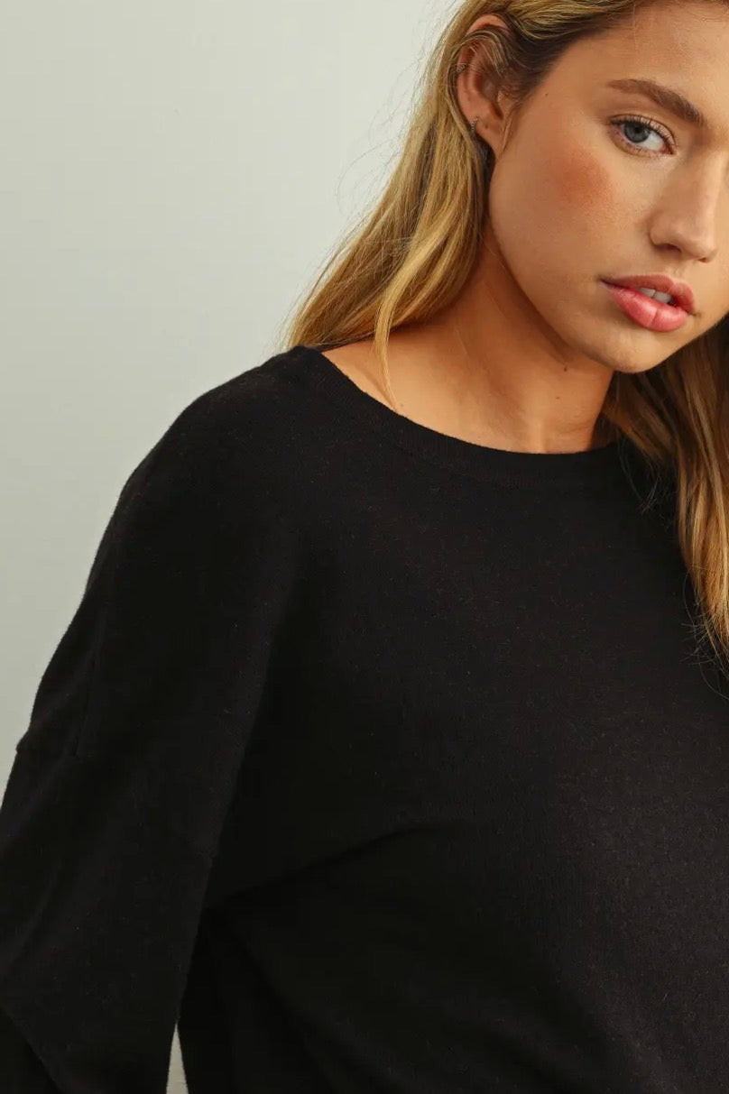 Essential Long Sleeve Roll Hem Top - Black