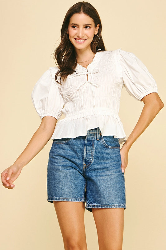 Front-Tie Shirring Blouse - White