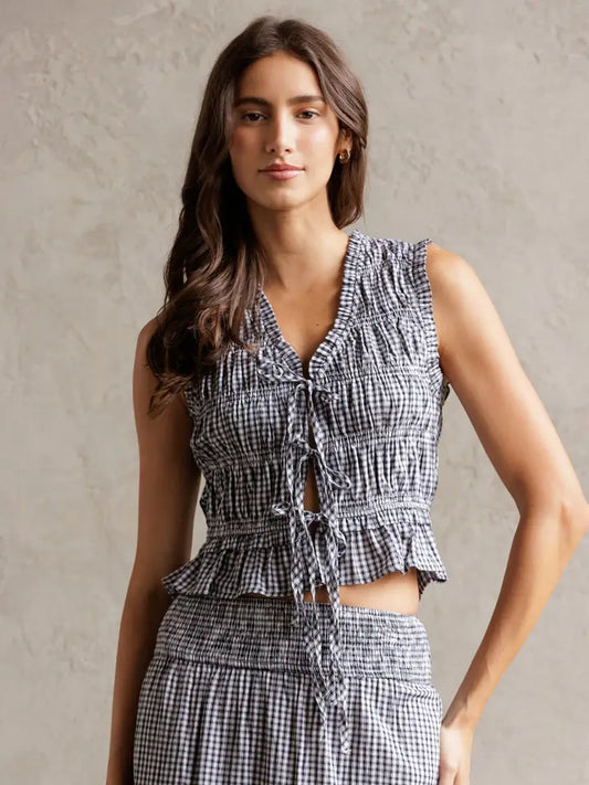 Smocked Gingham Top - Black & White