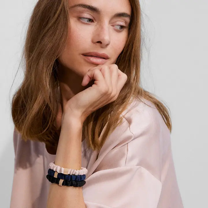 3pk Washable Silk Thin Scrunchie Set - Deep Blue, Delicate Pink & Immersed Black