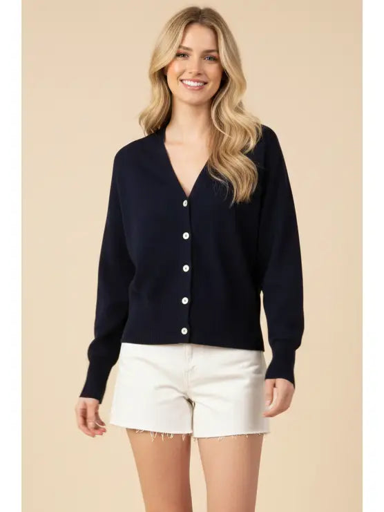 Button-Contrast Stitch Knit Cardigan - Ink