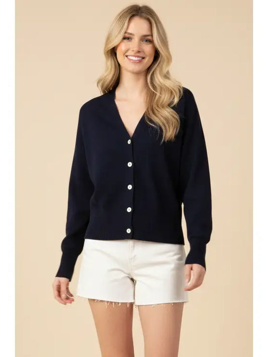 Button-Contrast Stitch Knit Cardigan - Ink