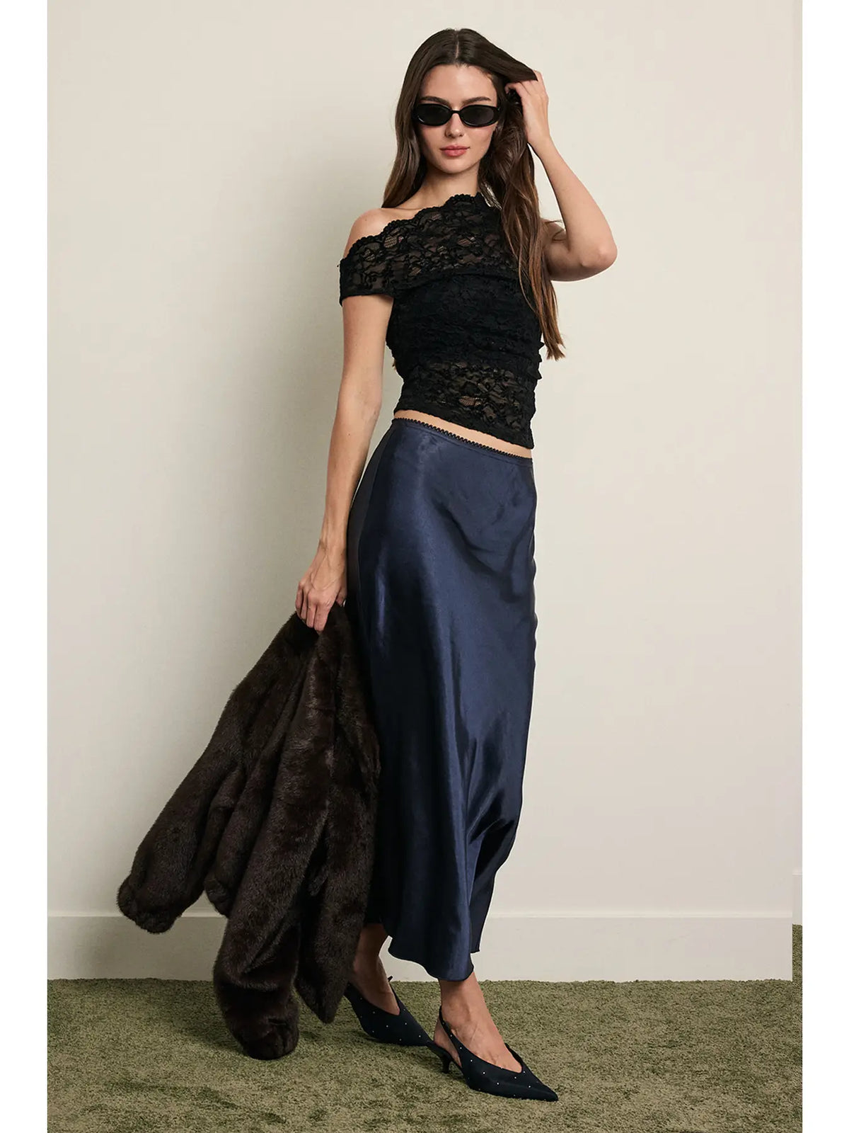 One-Shoulder Ruched Lace Top - Black