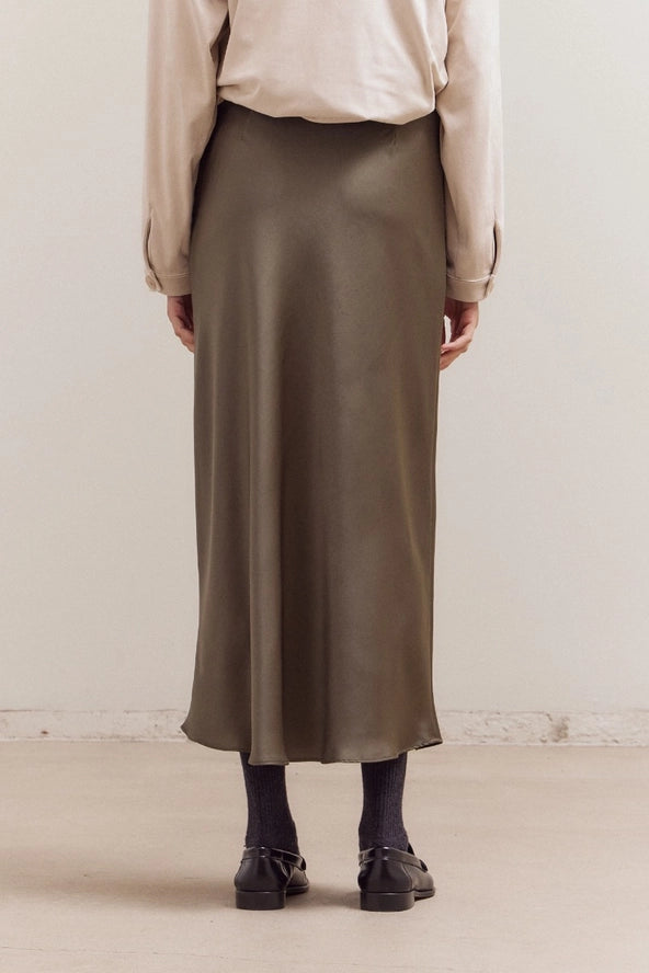 Grade + Gather - Flared Satin Maxi Skirt - Martini Olive