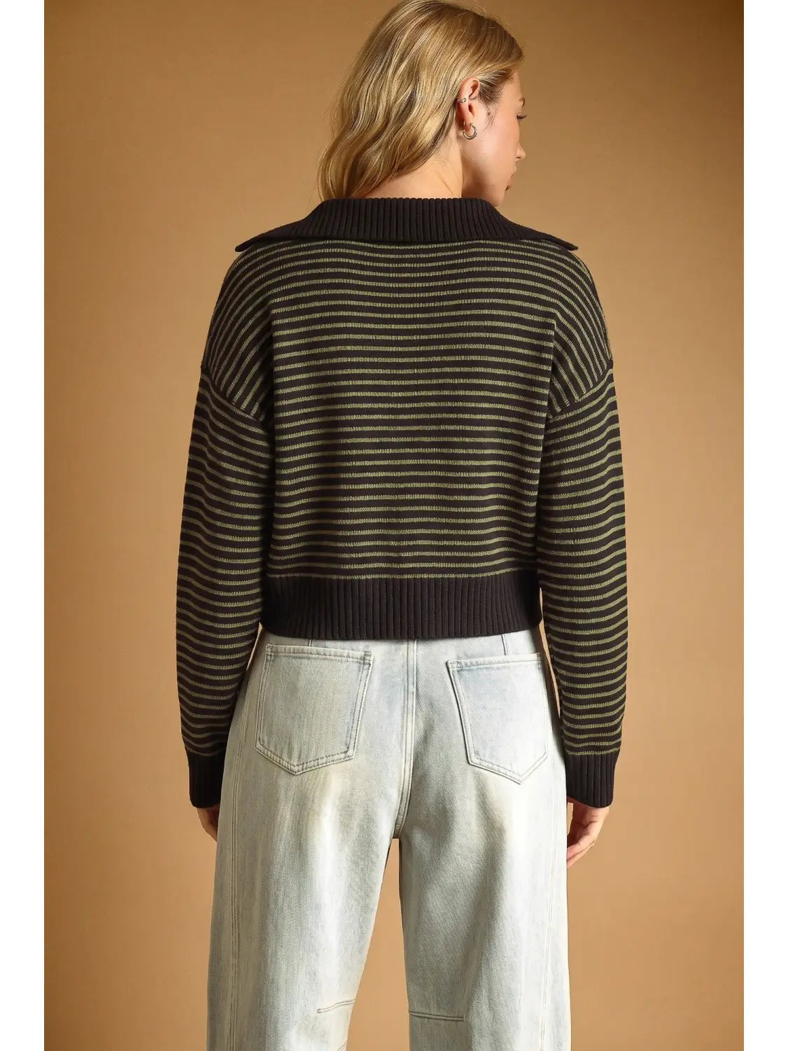Striped Pattern V-Neck Collar Sweater Top - Olive + Black