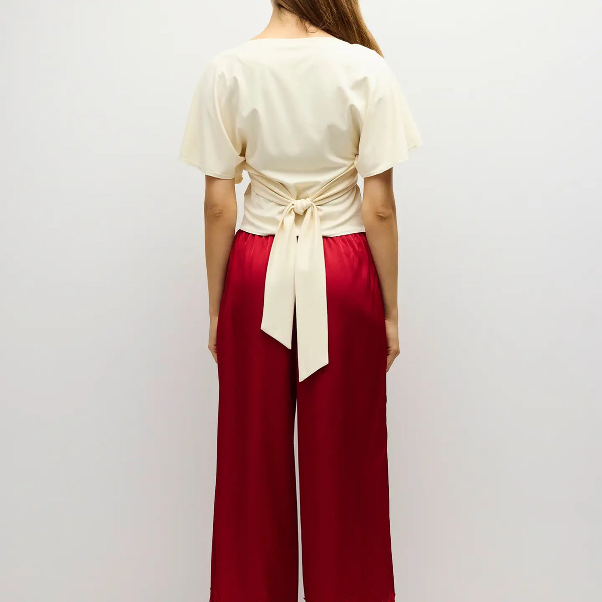 Elastic Wide Leg Satin Pant - Red