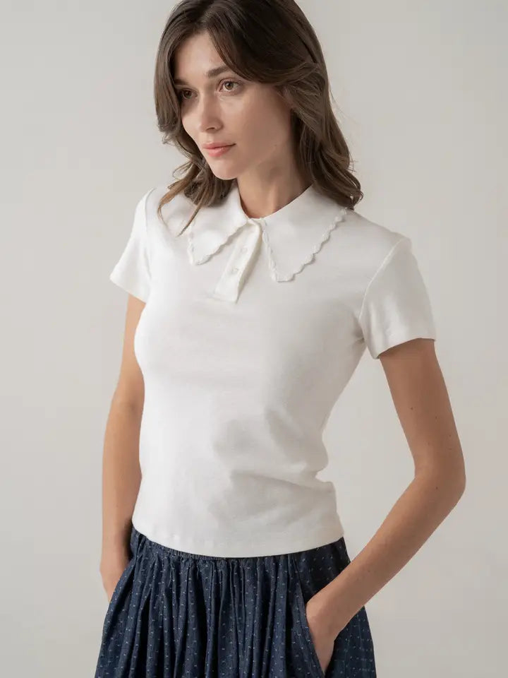 Scallop Collar Knit Polo - White