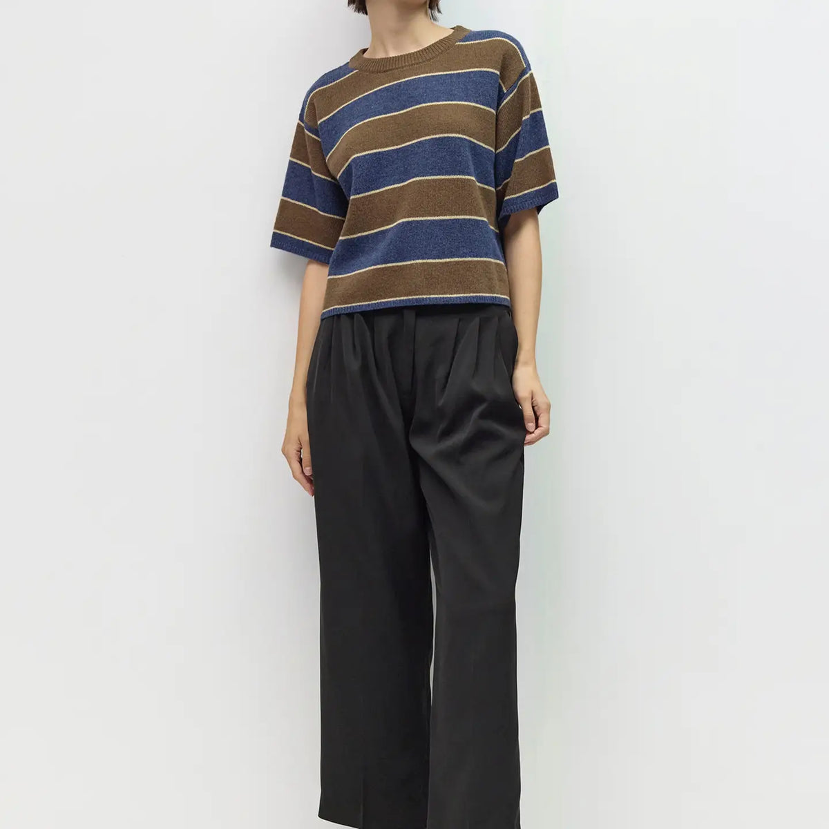 Striped Elbow Sleeve Sweater - Brown, Navy  & Beige