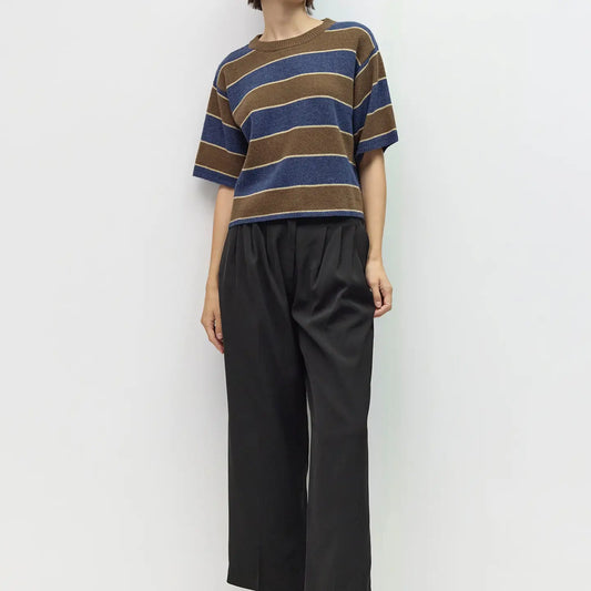 Striped Elbow Sleeve Sweater - Brown, Navy  & Beige