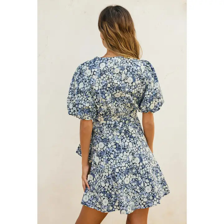 Field Daises Puff Sleeve Mini Wrap Dress - Navy Daisy