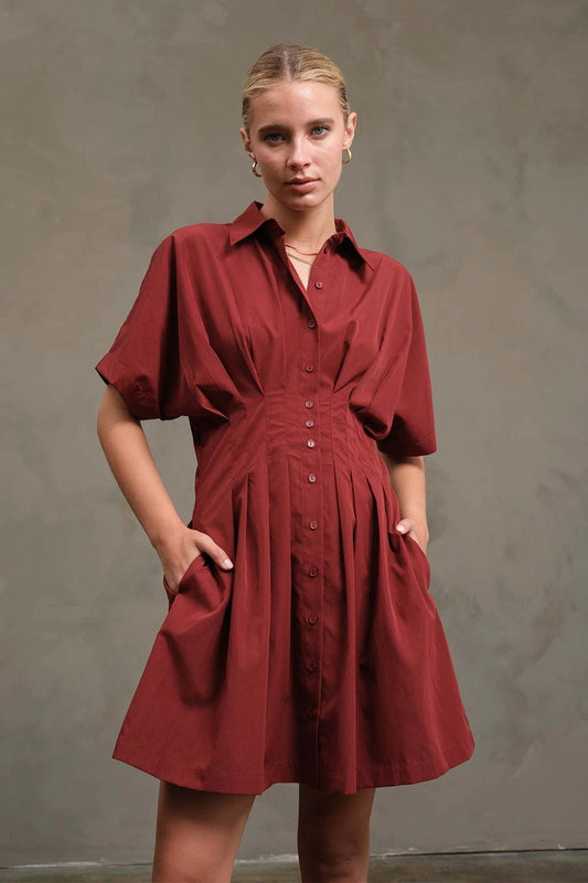 Wide Pintuck Shirt Dress - Burgundy