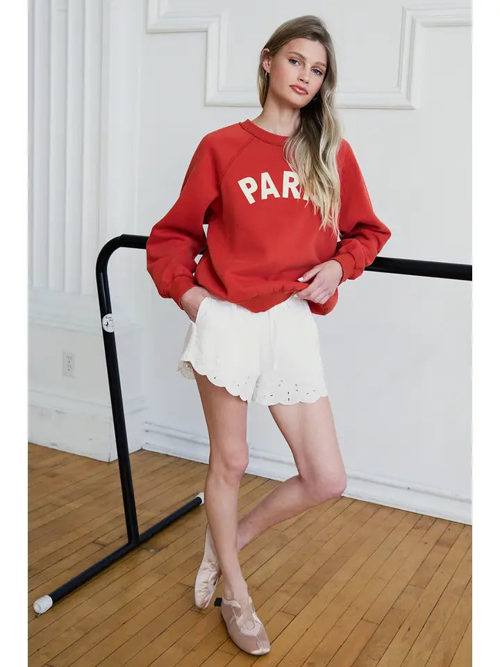 Scallop Eyelet Elastic Waist Shorts - White