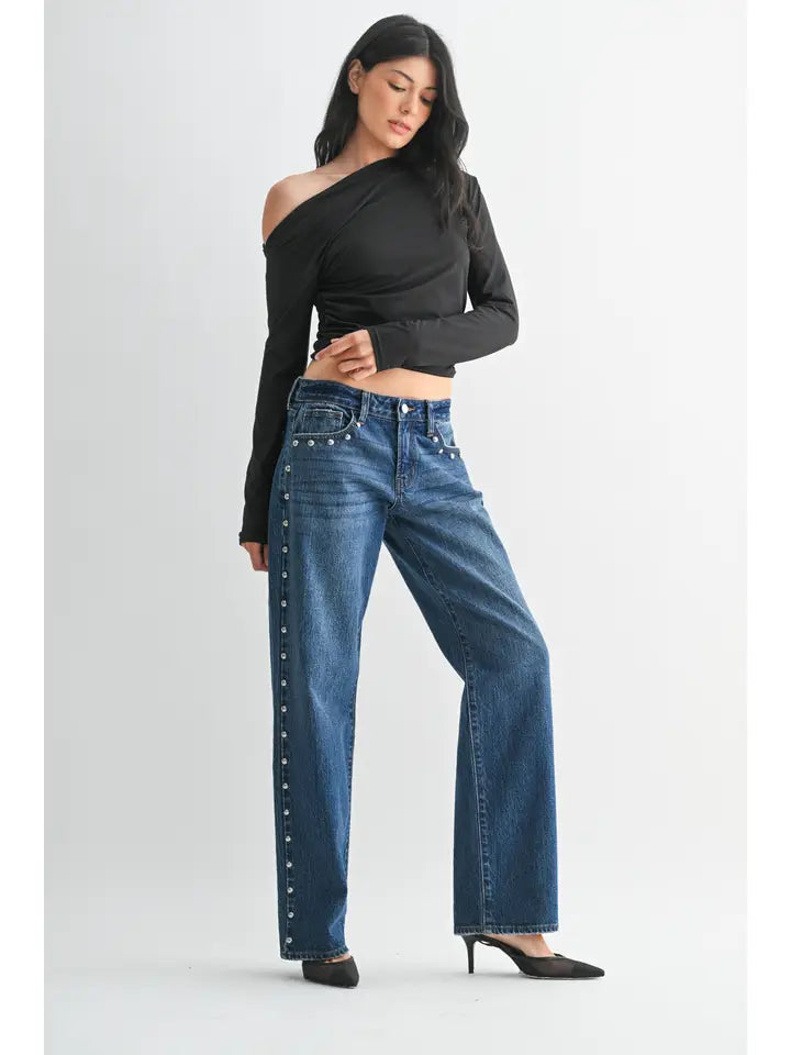 Low Rise Studded Baggy Jean - Dark Denim