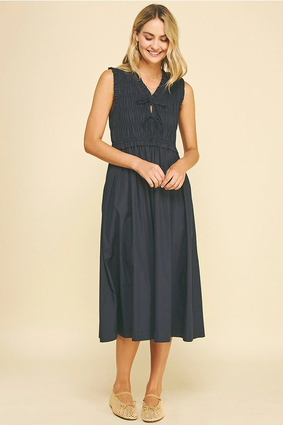 Front Tie Smocking Midi Dress - Ink