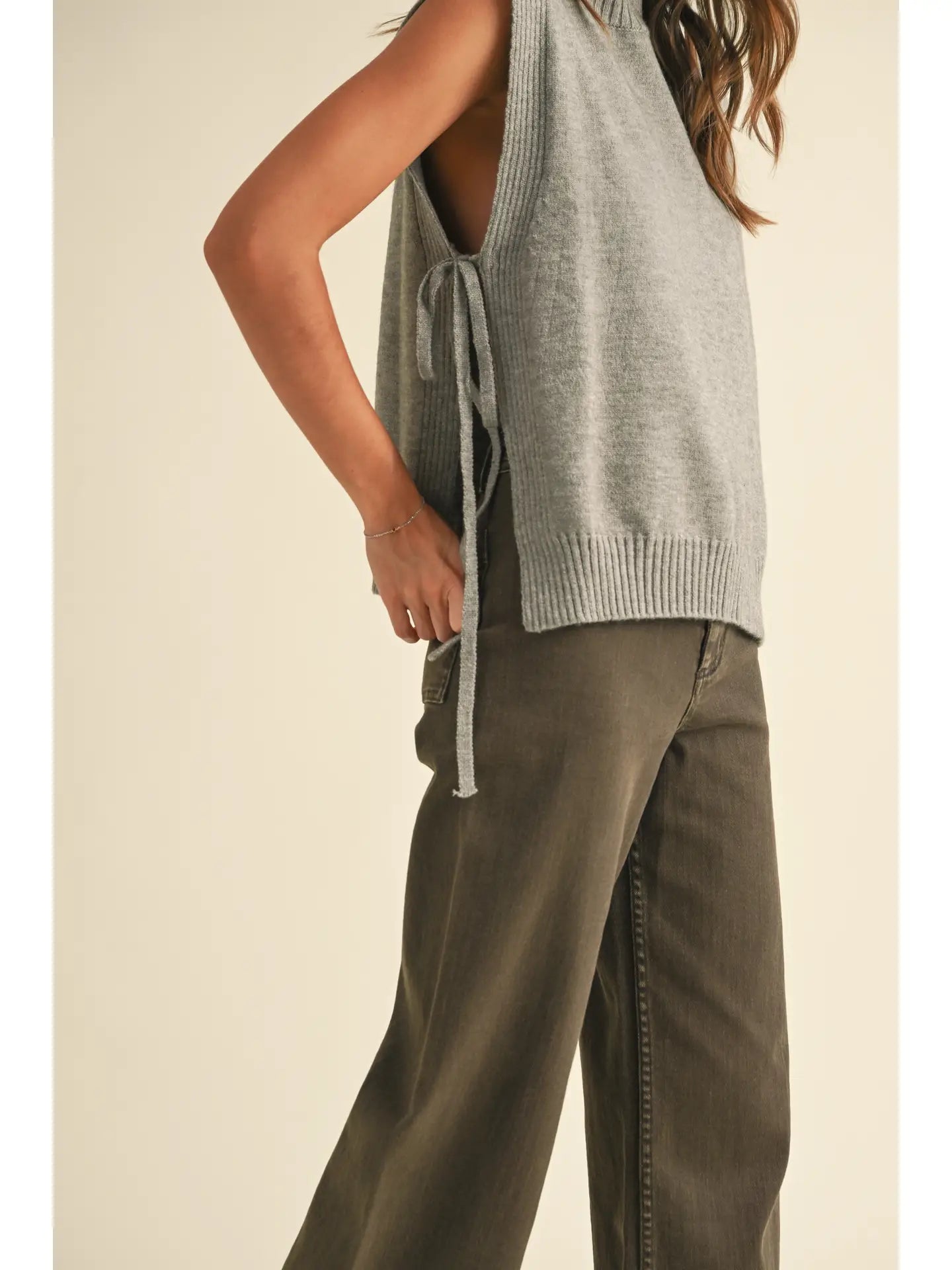 Mock Neck Side Tie Sweater Vest - Grey