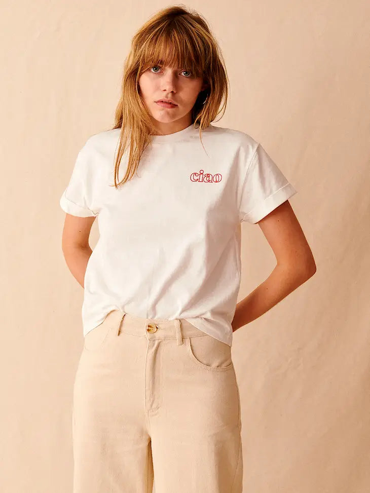 Ciao Embroidered Tee - Ecru