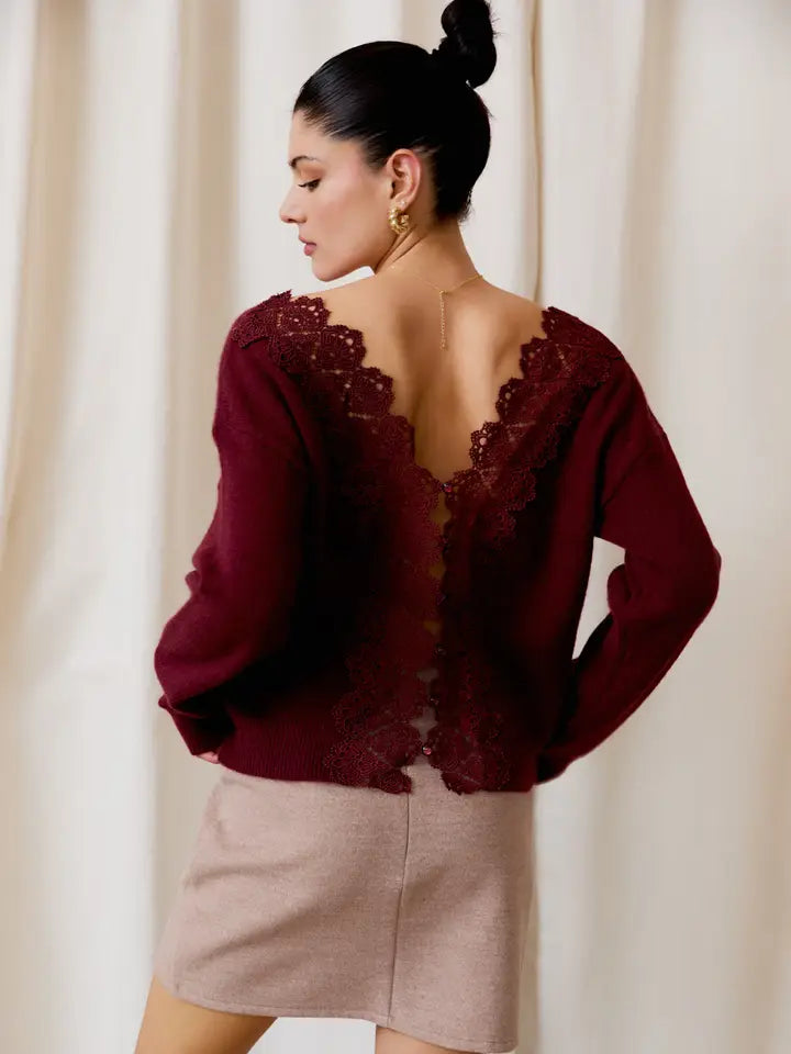 Back Lace Trim Long Sleeve Sweater - Wine