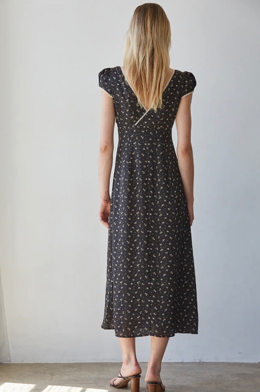 Woven Floral Print Cap Sleeve Midi Dress - Black