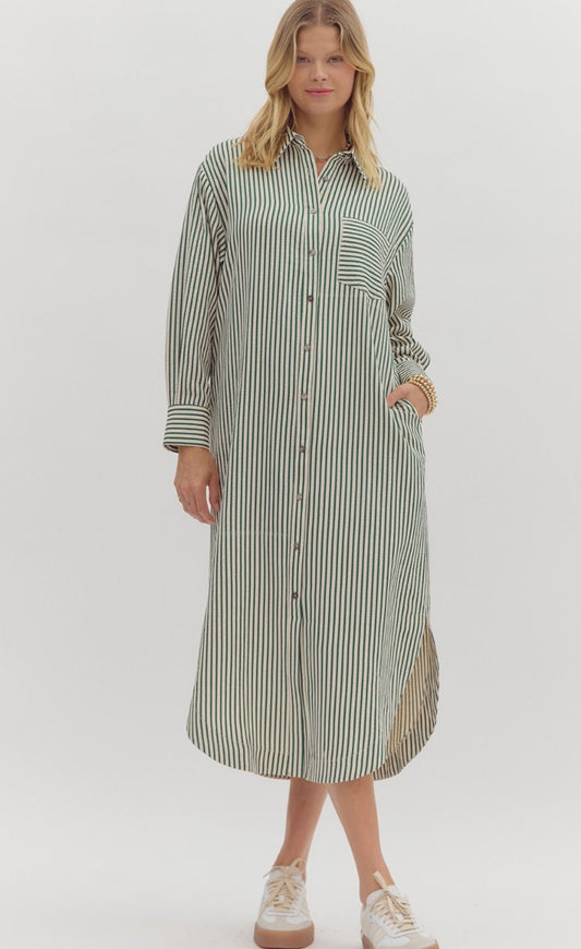 Textured Button Down Dress - Green Stripe