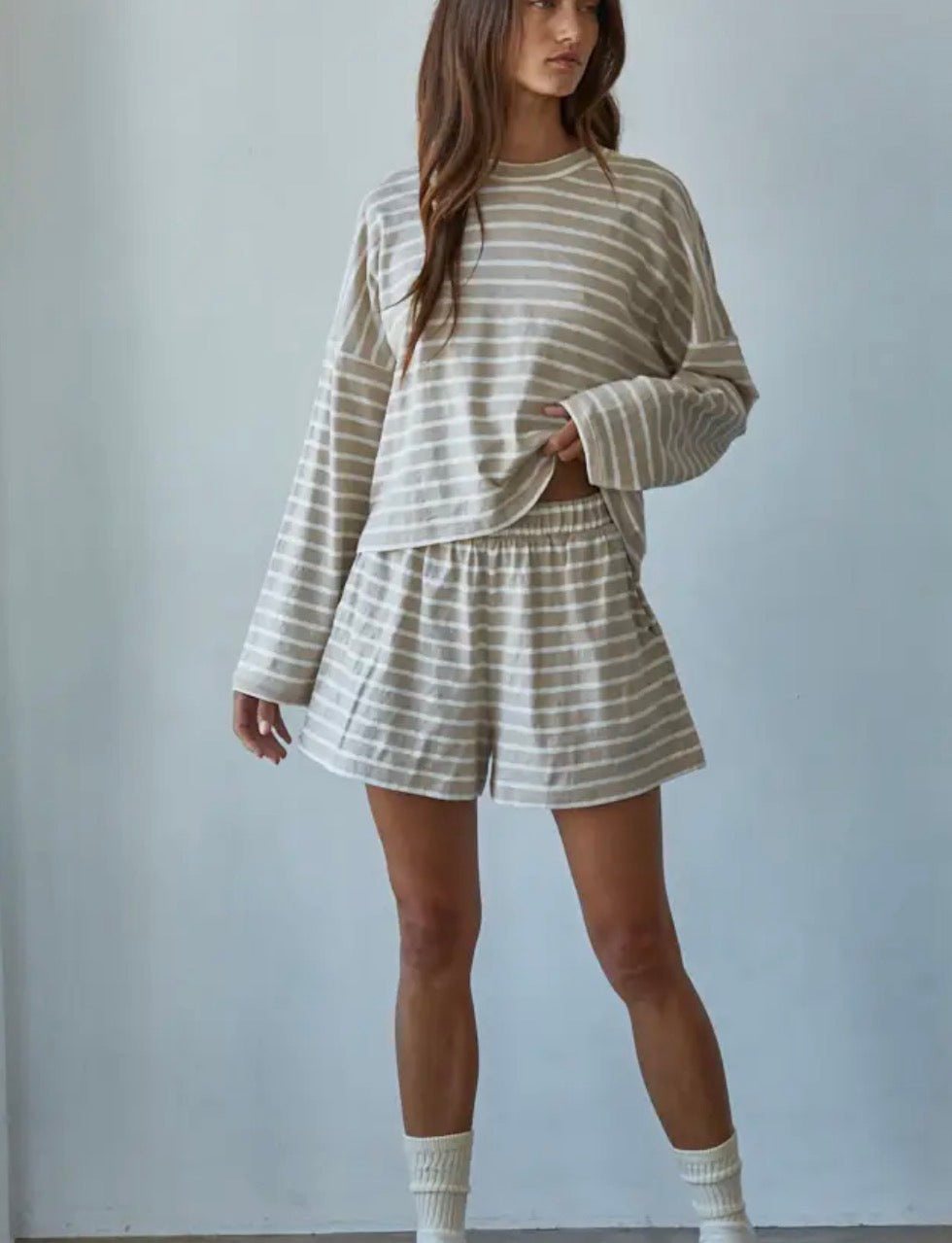 Knit Striped Mock Neck Long Sleeve - Taupe White