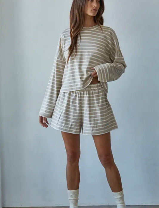 Knit Striped Mock Neck Long Sleeve - Taupe White
