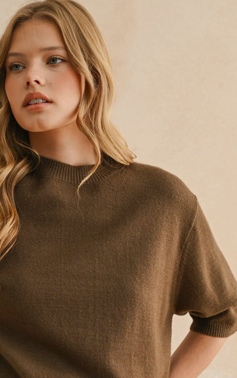 Short Sleeve Sweater Top - Olive